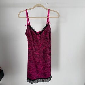 Vintage black and hot pink lingerie / slip dress with lace print and bow details